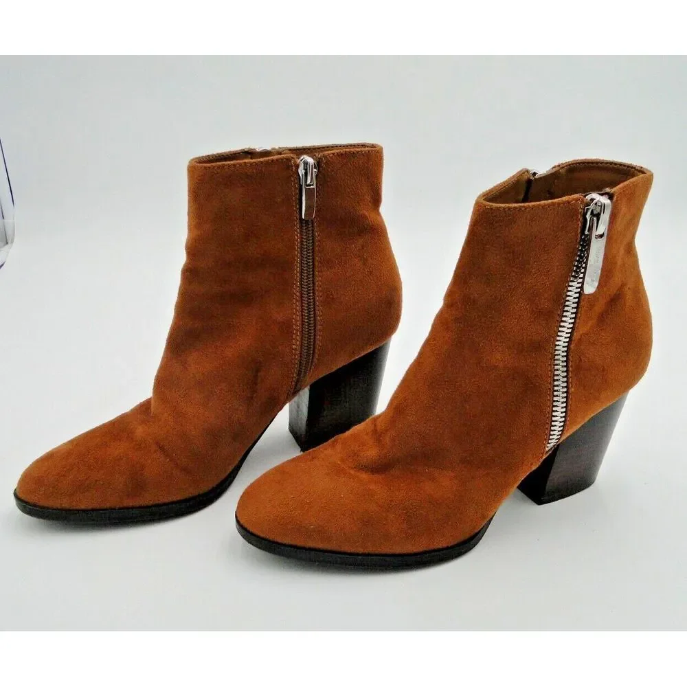 NINE WEST WNNEVA 2 Brown Suede‎ Leather Zip High Heel Ankle Boots Womens Size 7